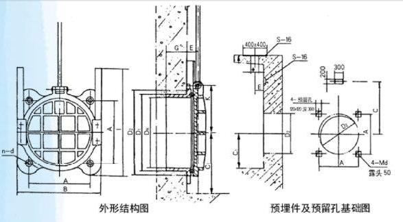 附壁式铸铁镶铜圆闸门外形结构图和预埋件基础结构图.jpg